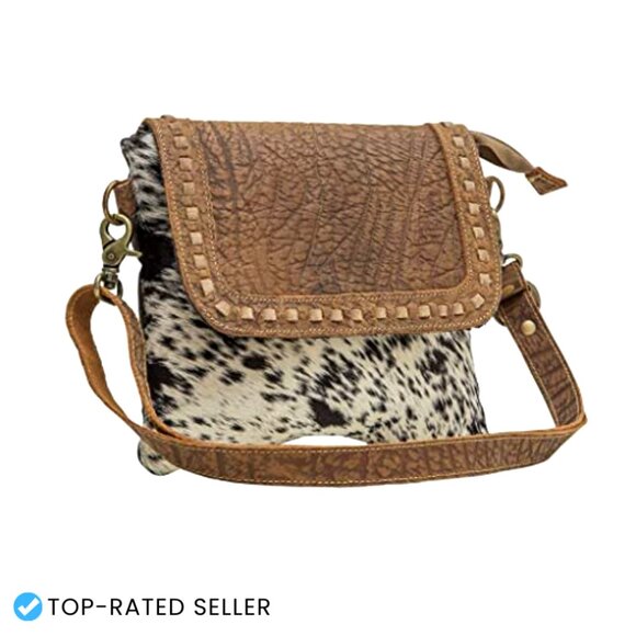 Western Cow Print Crossbody Bag Leather Strap Canvas Saddle Style Boho Chic - Picture 3 of 7